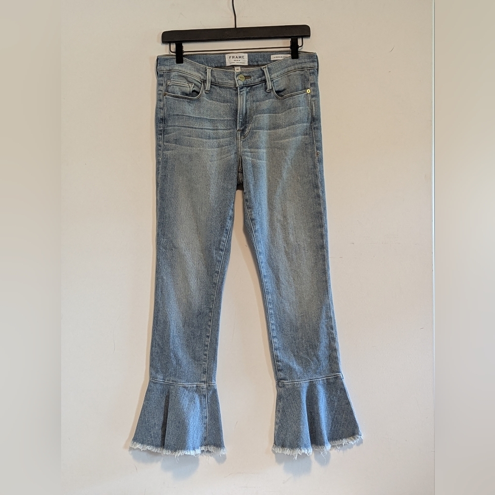Frame Denim Light Blue Flare Jeans 29 Unique 70's Great Used Stretchy Fringe Hem